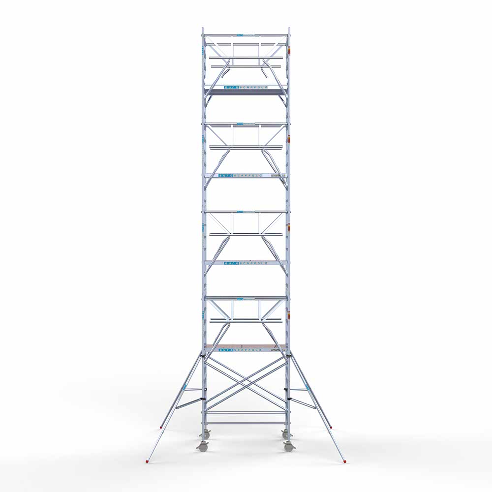 7) Rolsteiger Euroscaffold voorloopleuning dubbel 1.35 x 1.90 x 10.2 meter werkhoogte vrijstaand