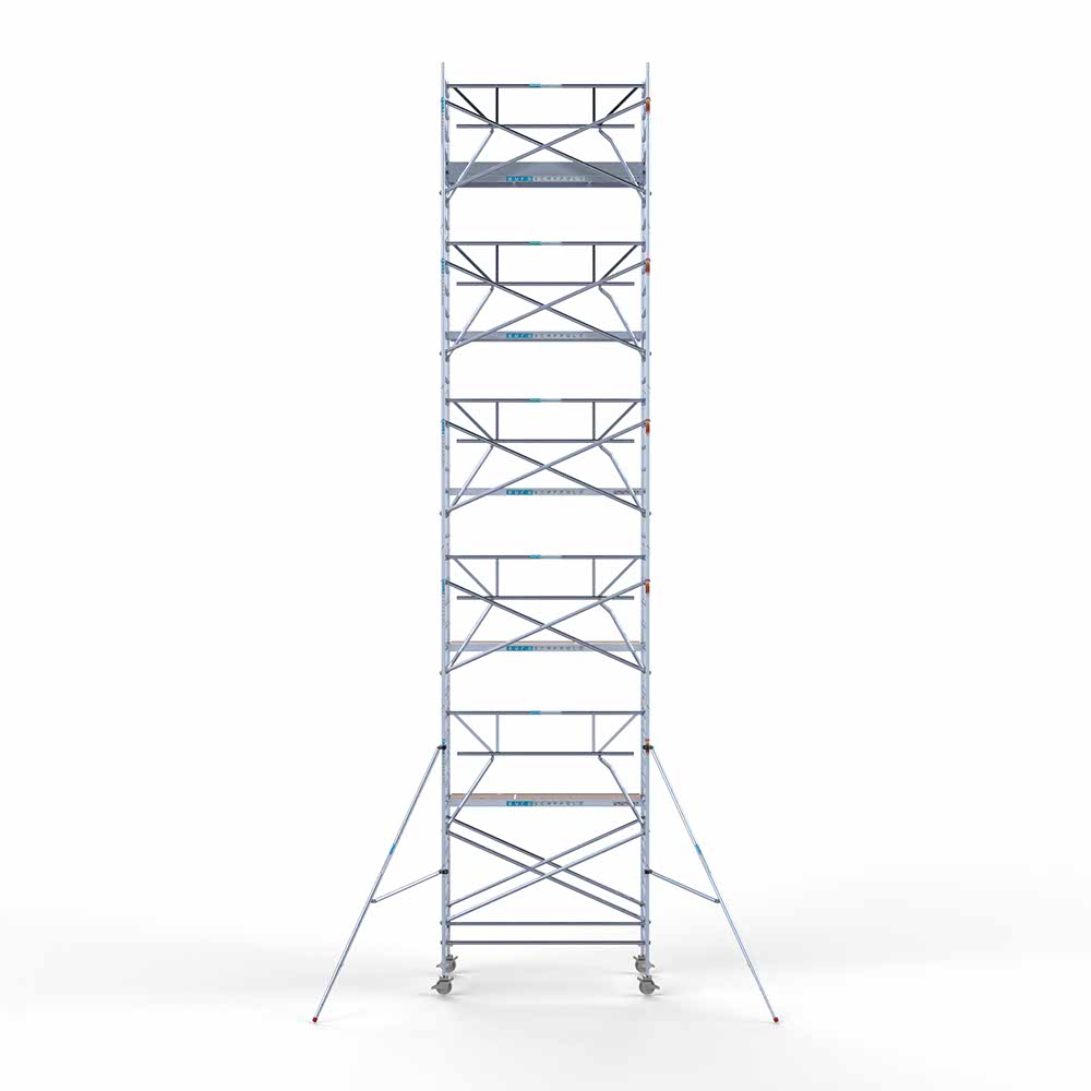 9.0) Rolsteiger Euroscaffold met enkele Voorloopleuning 1.35 x 2.50 x 12.2 meter werkhoogte tegen de gevel