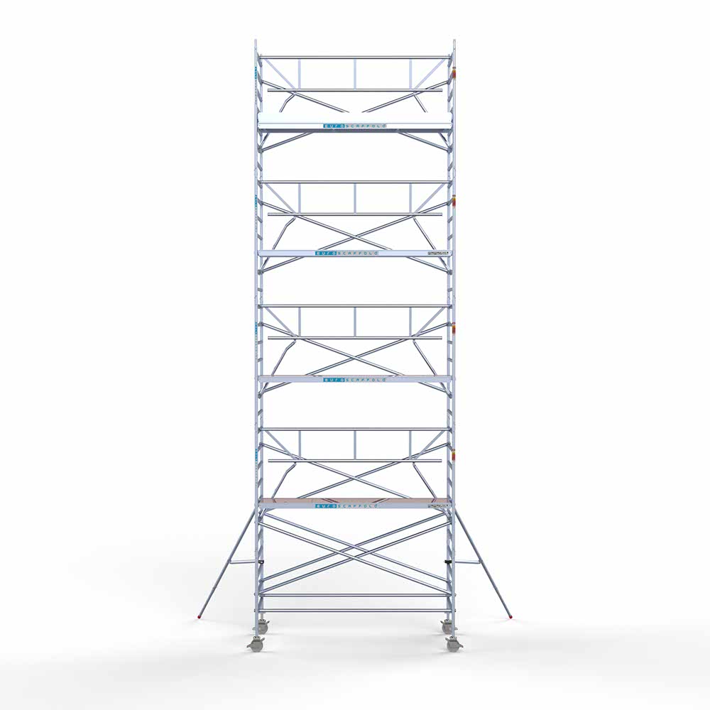 7) Rolsteiger Euroscaffold met enkele Voorloopleuning 1.35 x 3.05 x 10.2 meter werkhoogte tegen de gevel