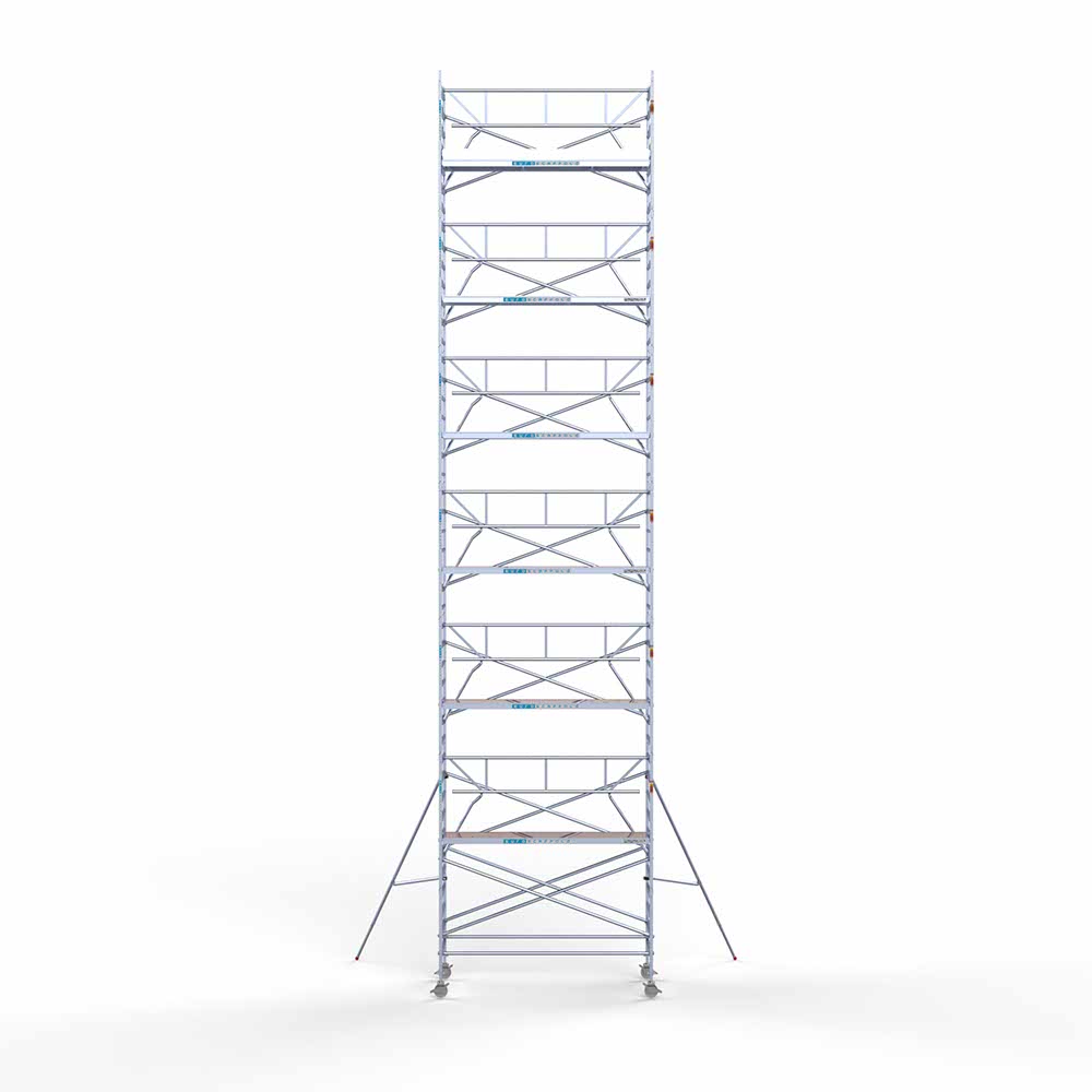 9.2) RolsteigerEuroscaffold met enkele Voorloopleuning 1.35 x 3.05 x 14.2 meter werkhoogte tegen de gevel