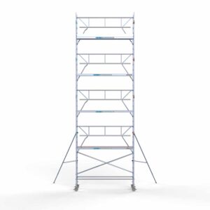 7) Rolsteiger Euroscaffold met enkele Voorloopleuning 0.75 x 3.05 x 10.2 meter werkhoogte tegen de gevel