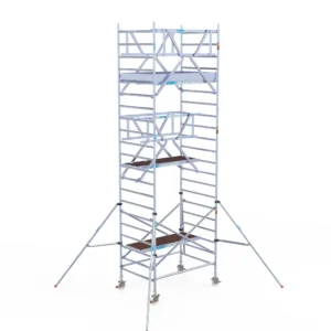 4) Rolsteiger Euroscaffold voorloopleuning Dubbel 1.35 x 3.05 x 7.2 meter werkhoogte vrijstaand