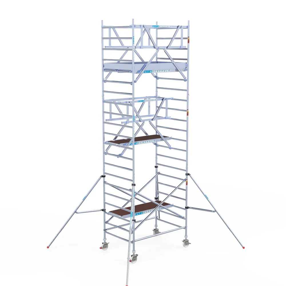4) Rolsteiger Euroscaffold voorloopleuning Dubbel 1.35 x 3.05 x 7.2 meter werkhoogte vrijstaand
