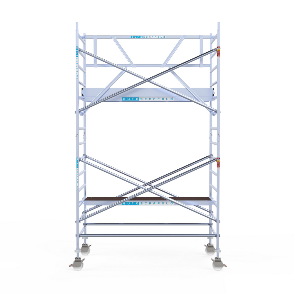 2) Rolsteiger Euroscaffold met enkele Voorloopleuning 1.35 x 2.50 x 5.2 meter werkhoogte tegen de gevel