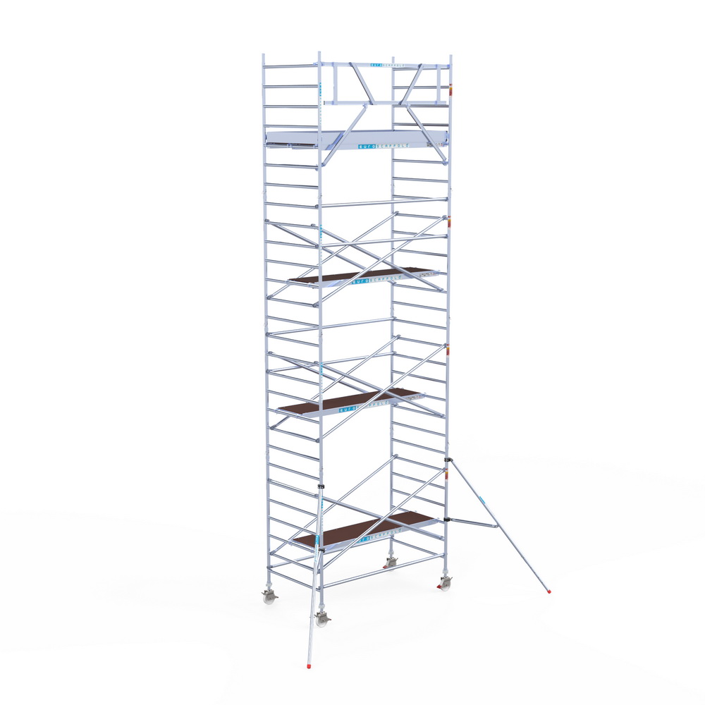 6) Rolsteiger Euroscaffold 1.35 x 2.50 x 9.2m werkhoogte tegen de gevel