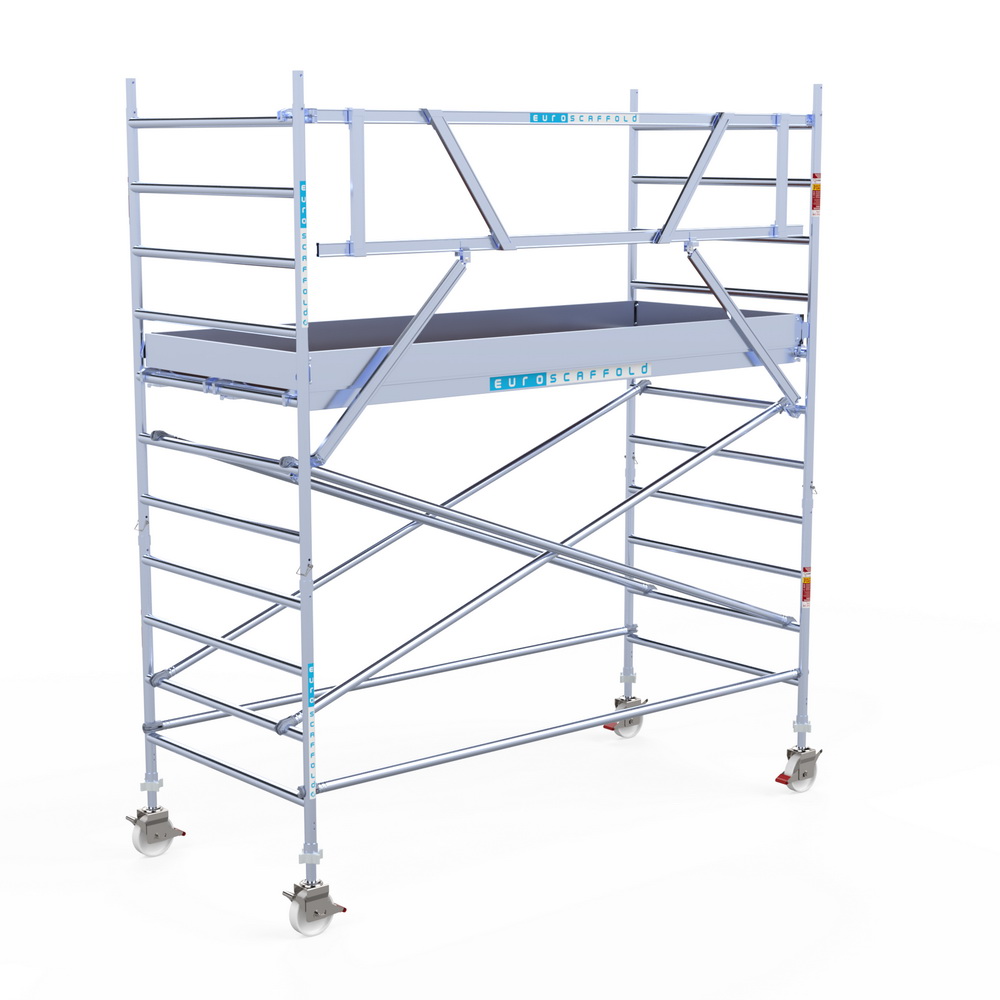 1) Rolsteiger Euroscaffold 1.35 x 3.05 x 4.2m werkhoogte tegen de gevel