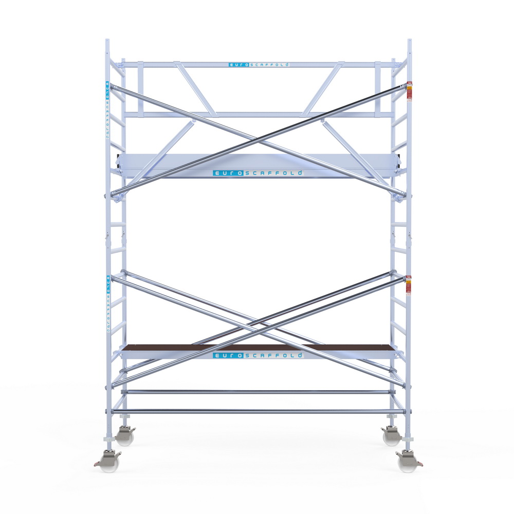 2) Rolsteiger Euroscaffold met enkele Voorloopleuning 1.35 x 3.05 x 5.2 meter werkhoogte tegen de gevel