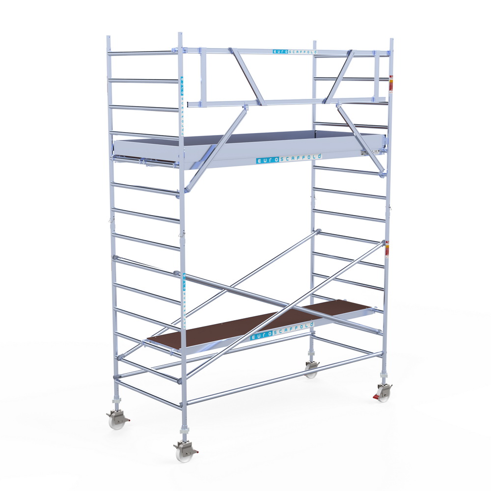 2) Rolsteiger Euroscaffold 1.35 x 3.05 x 5.2m werkhoogte tegen de gevel