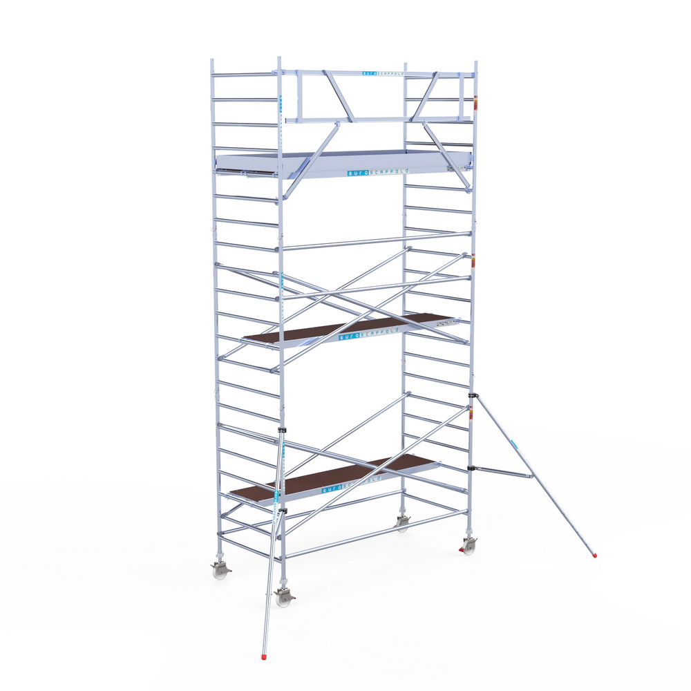 4) Rolsteiger Euroscaffold 1.35 x 3.05 x 7.2m werkhoogte tegen de gevel