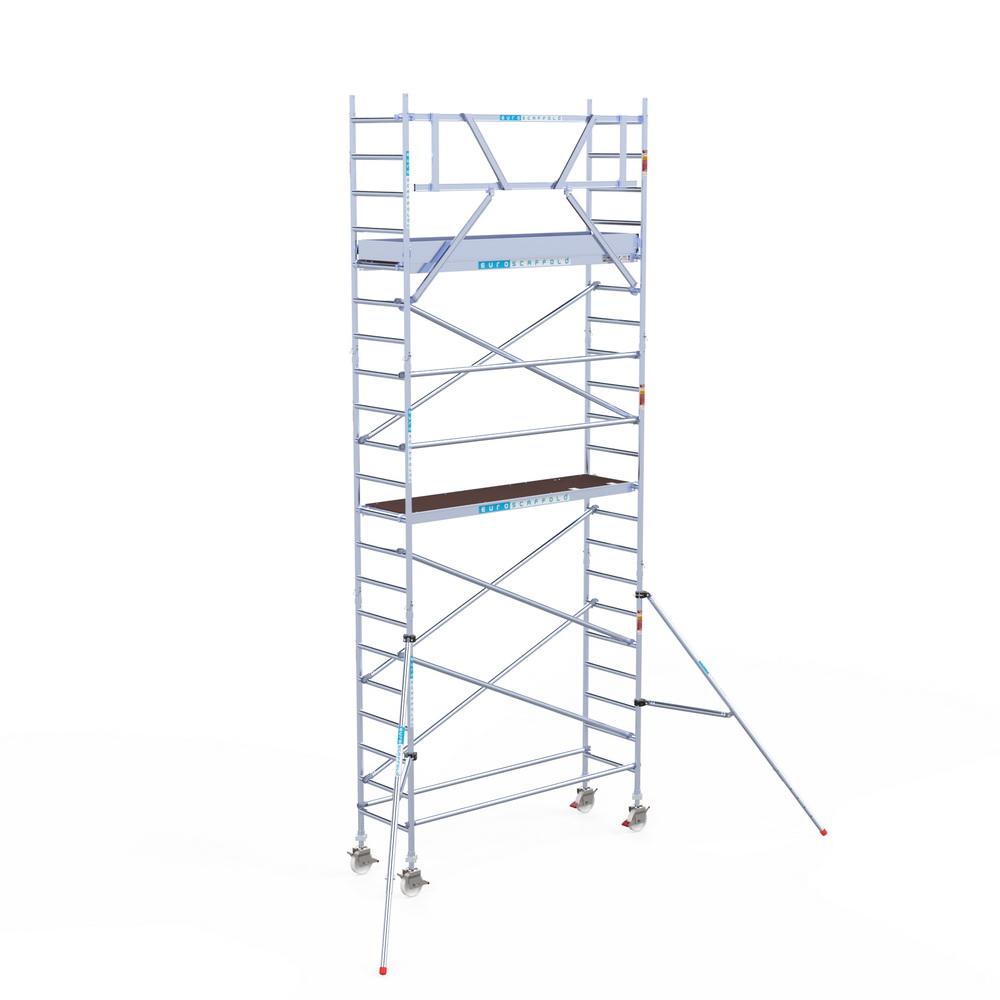 4) Rolsteiger Euroscaffold 0.75 x 2.50 x 7.2m werkhoogte tegen de gevel