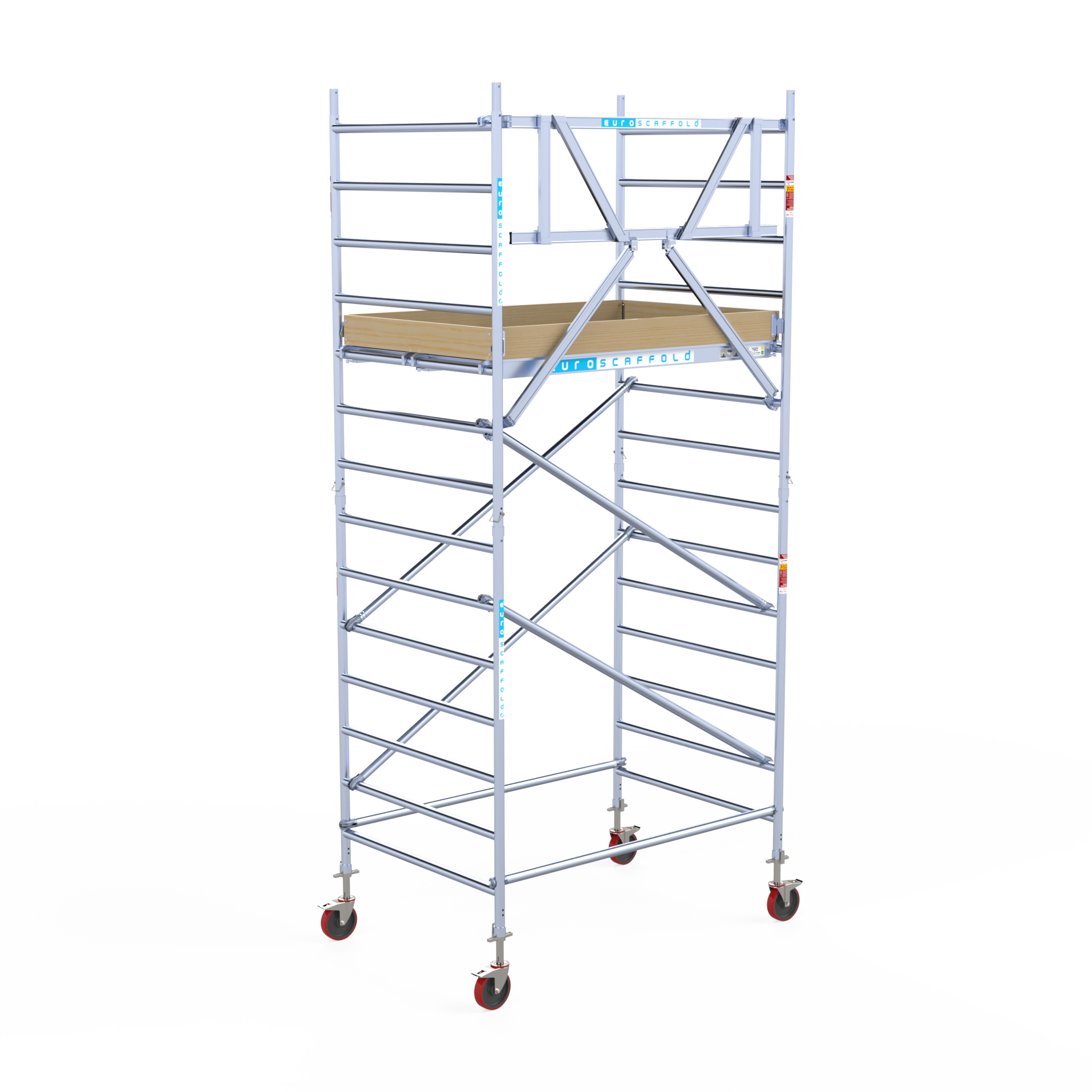 2) Rolsteiger Euroscaffold Basic 1.35 x 1.90 x 5.2m werkhoogte tegen de gevel